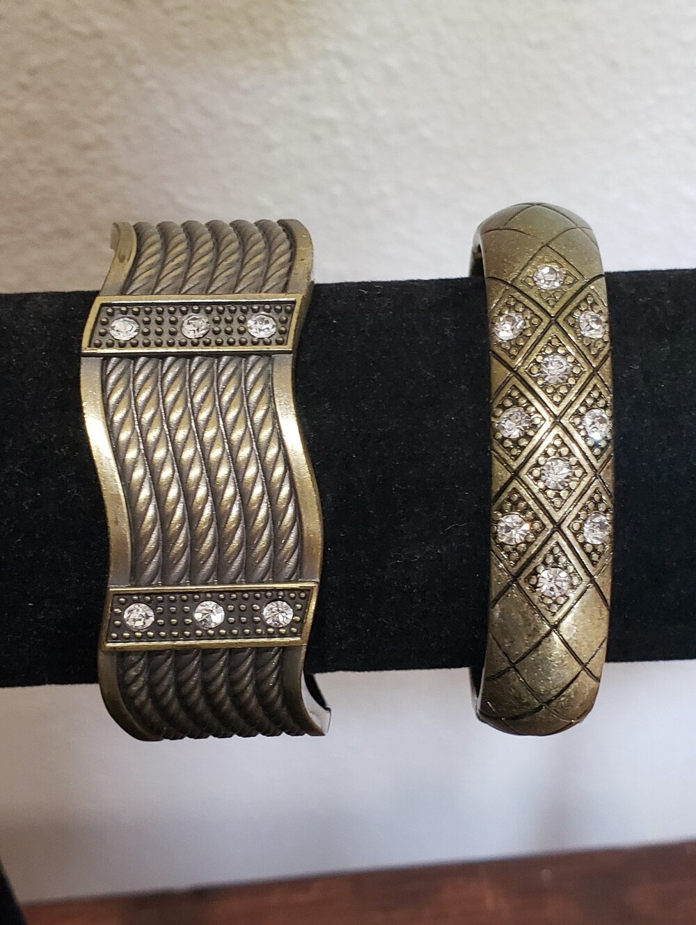 Antique Brass Tone Rhinestone Hinge Vintage Bracelets - Set of 2